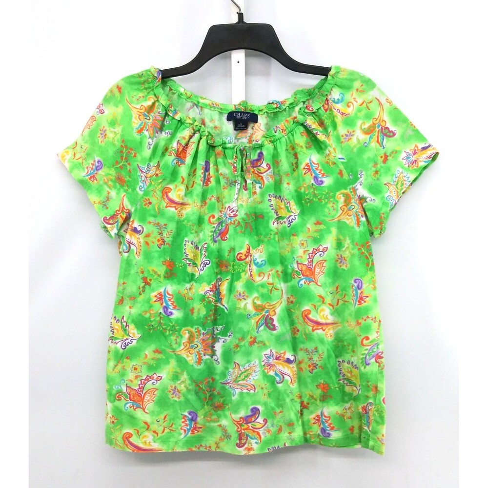 Chaps Shirt Women Large Green Floral Short Sleeve Boat Neck Lightweight Top